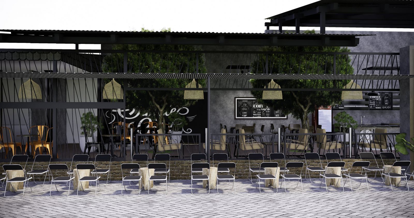 thiết kế không gian mở của quán cafe sân vườn chất coffee