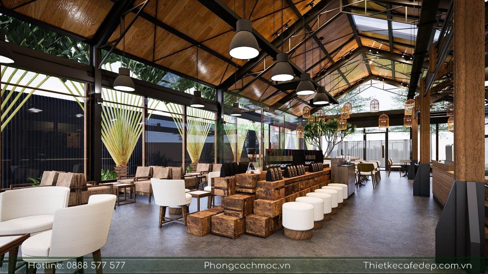 thiết kế không gian nội thất quán cafe chủ đề industrial - nhà thép tiền chế