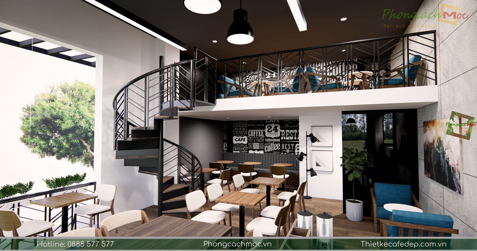 thiết kế quán cafe tối ưu diện tích phù hợp với chủ đề industrial