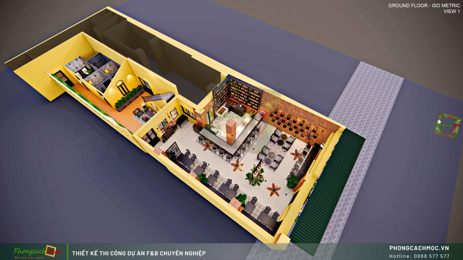 Thiết kế layout 3D tầng 1 Moca coffee & restaurant