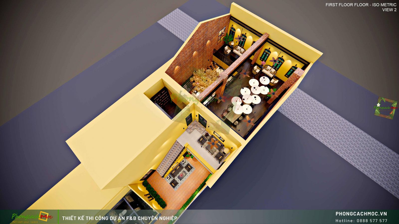 Thiết kế layout 3D tầng 1 Moca coffee & restaurant